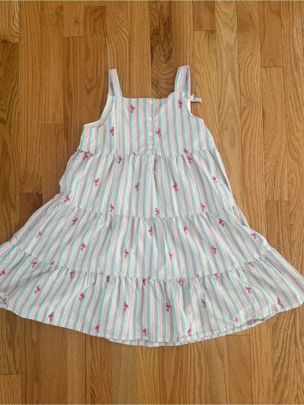 Gymboree Seaside Palms Embroidered Flamingo Seersucker Tiered Dress, Size 10